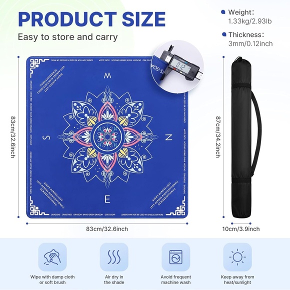 Mahjong Mat 32.6 x 32.6, with Storage Bag, Blue - Picture 3 of 7